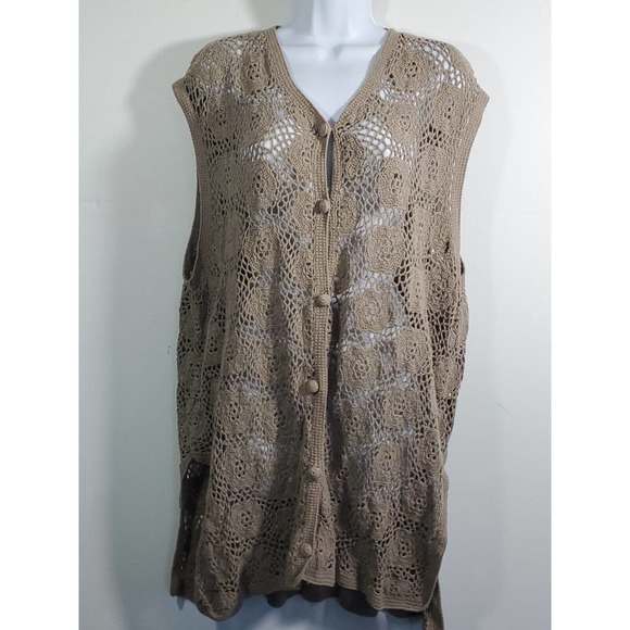 Victoria Jones Woman Sleeveless Crocheted Button Down Cardigan 2X Taupe Brown - Picture 1 of 7
